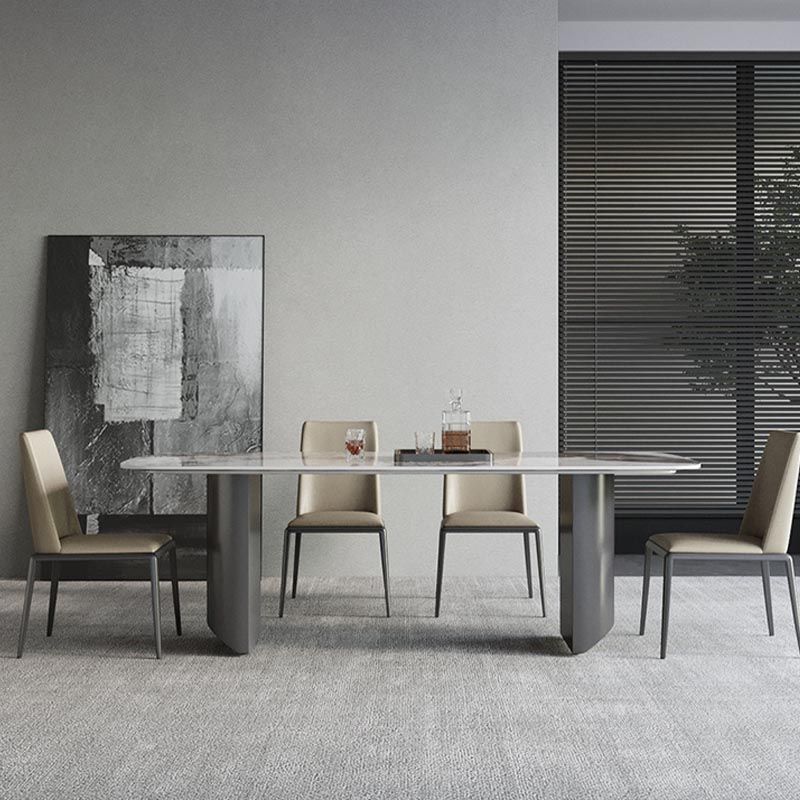 Sintered Stone Top Dining Table Modern Rectangle Stainless Steel Double Pedestal Table