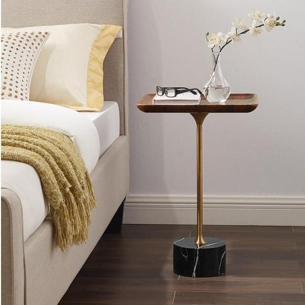 Mid-Century Modern Solid Wood Top End Table Marble Pedestal Sofa Side Table