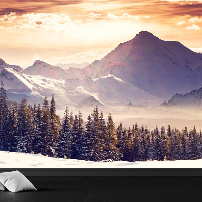 Cloudy Forest Landscape Mural Decal Contemporary Non-Woven Wall Covering in Soft Color