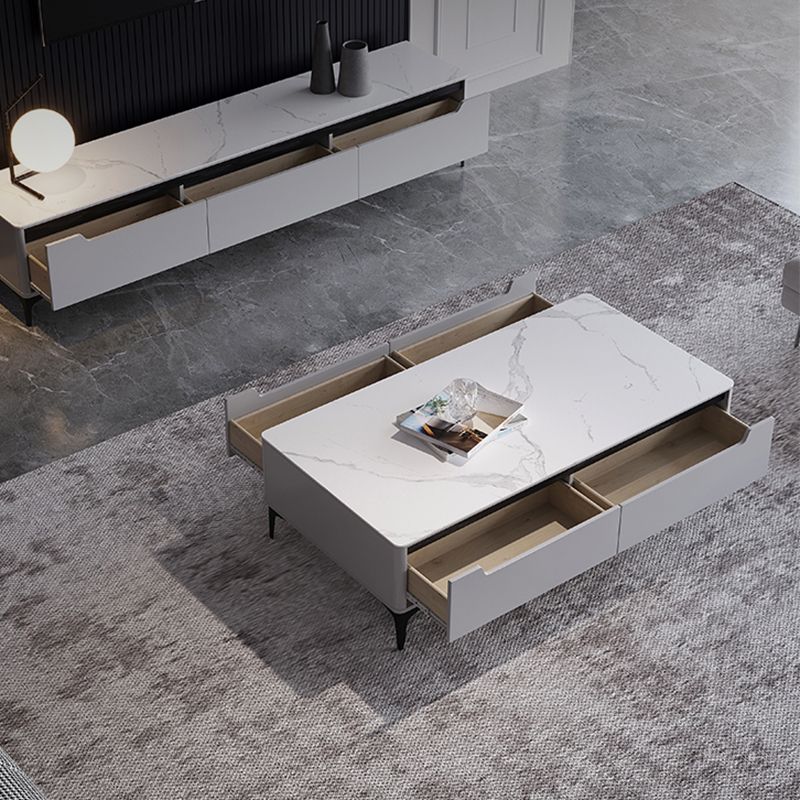 4 Legs Coffee Cocktail Table with 4 Storage Drawers Slate Top Rectangle