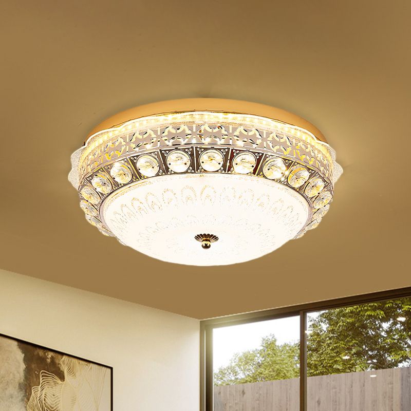 Ivory Glass Gold Ceiling Lighting Dome LED Minimalism Flush Mount Spotlight with Crystal Accent