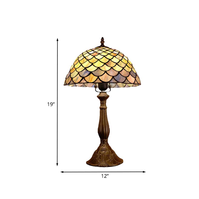 Hand Cut Glass Dome Nightstand Lamp Baroque 1 Head Bronze Table Lighting with Scale Pattern