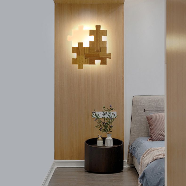 Creative Puzzles-shaped LED Wall Lamp Nordic Minimalism Rubber Wood Home Decorative Sconce Lights for Bedroom