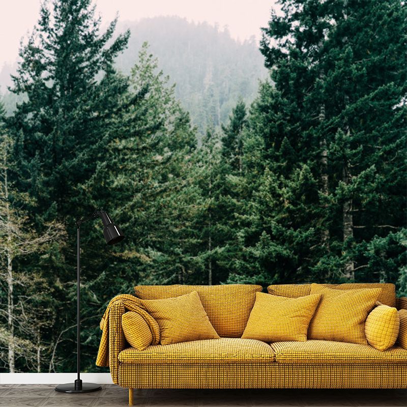 Big Pine Forest Scenery Mural Indoor Open Field in Front of Cabin Wall Art in Yellow-Green, Washable