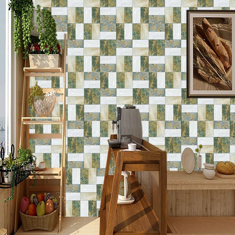 Marble Patchwork Wallpaper Panels Green-White Modern Wall Art for Living Room, Stick On