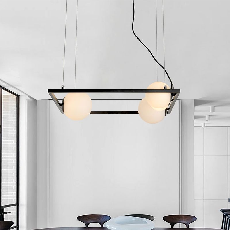 Black Frame Chandelier Lamp Modern 4 Heads Metal Pendant Light Fixture with Opal Glass Shade