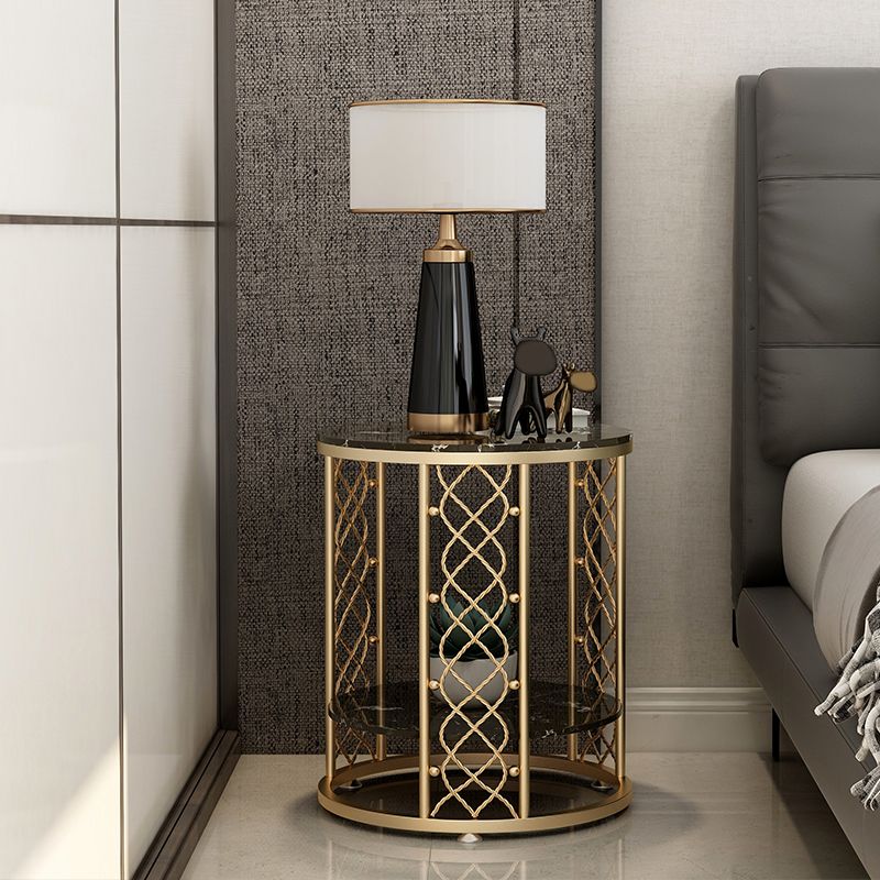 21.6" Tall Modern Round Slate Top Side Table Iron Frame End Table with Shelf