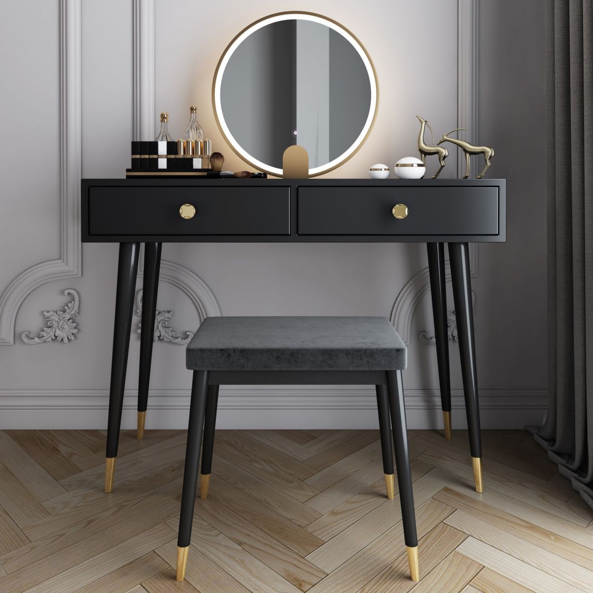 Modern Solid Wood Vanity Dressing Table with Mirror and Stool