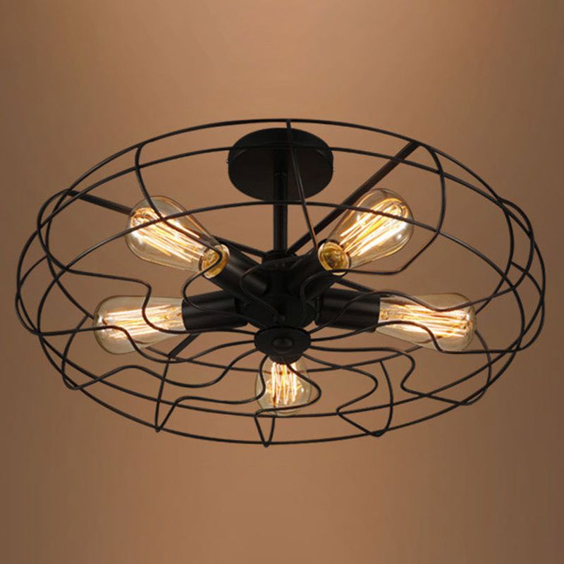 Montaje semi descarga negro de 5 luces en estilo industrial Luz de techo de hierro forjado para lugar comercial