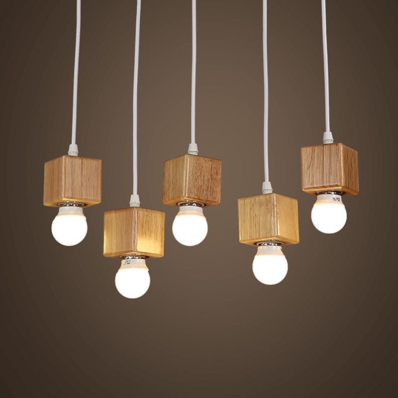 Minimalist Square Hanging Pendant Light Wooden Restaurant Suspension Pendant in Wood