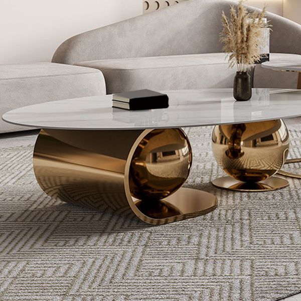Slate Oval Coffee Table Golden Metal Frame Abstract Cocktail Table, 14.17" High