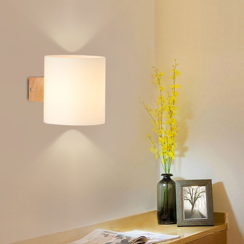 Wooden Cylindrical Wall Lamp in Modern Concise Style White Glass Wall Sconce for Interior Spaces