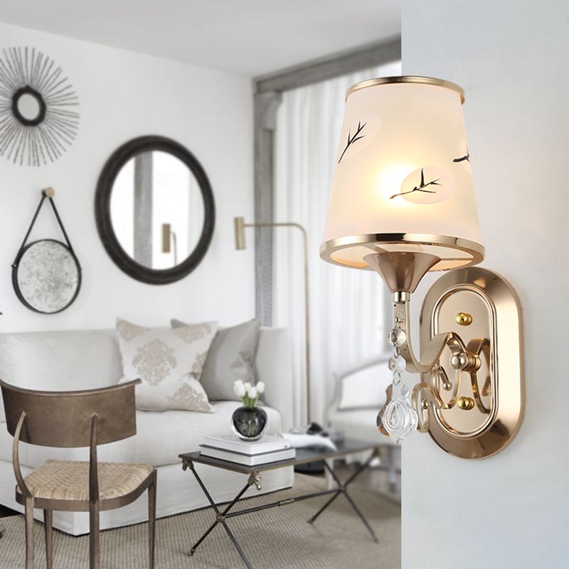 White Glass Flared Wall Lamp Contemporary Gold Wall Light Fixture for Bedroom
