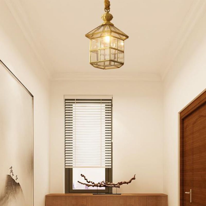 Gold Lantern Hanging Lamp Traditional Clear Frosted Glass 6.5"/8" Wide 1 Light Living Room Ceiling Suspension Light