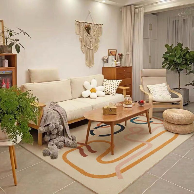 Beige Nordic Carpet Polyester Line Carpet Non-Slip Backing Carpet for Drawing Room