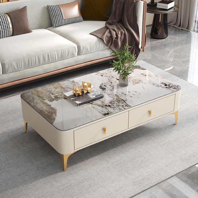 4 Legs Slate Coffee Table Rectangle Single Coffee Table with 2 Drawers