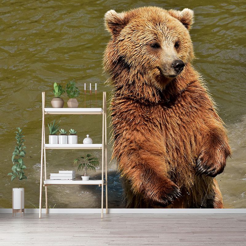 Customized Brown Bear Wall Mural Horizontal Photography for Sleeping Room Decoration