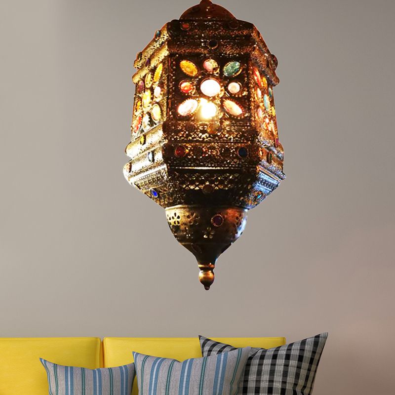 Bronze 1 Light Hanging Pendant Bohemian Metal Lantern Ceiling Light for Restaurant