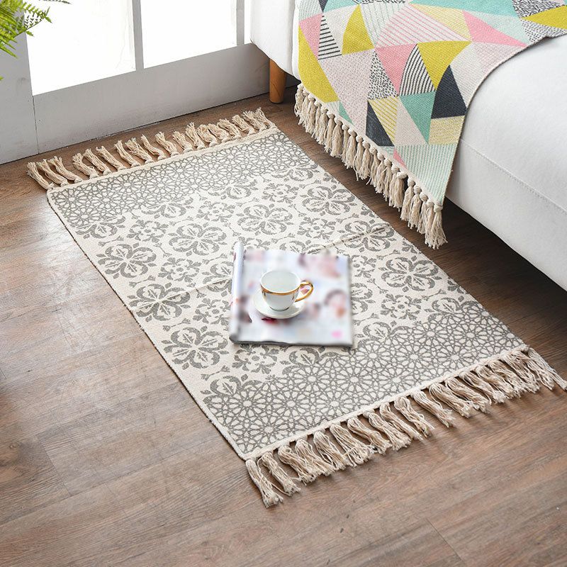 Alfombra con estampado de rayas contemporáneas, alfombra mezclada de algodón con flecos para decoración del hogar