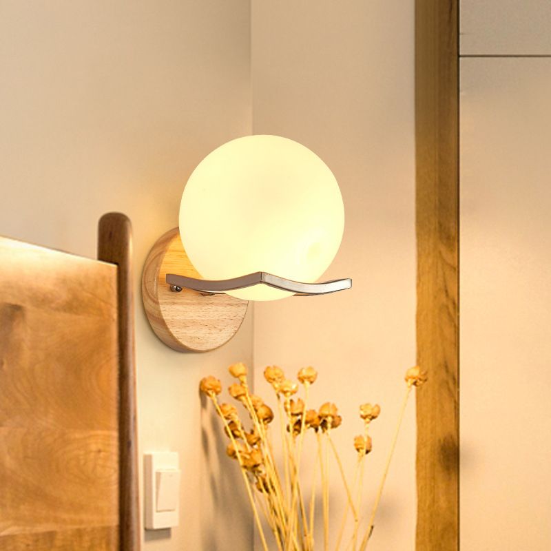 Modern Simple Glass Wall Sconce Wooden 1-Light Wall Light for Bedroom and Aisle