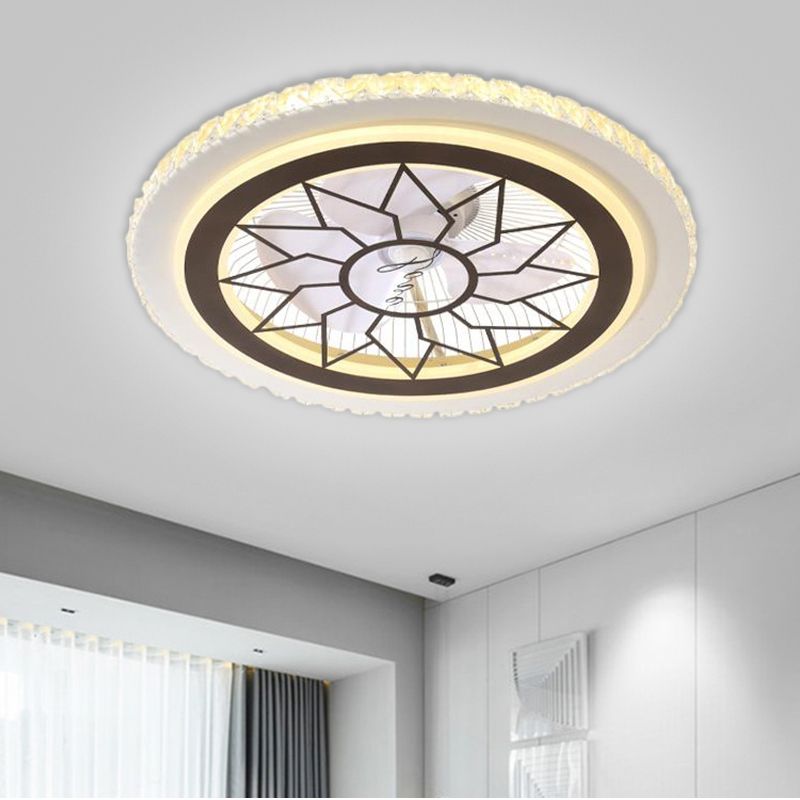 21.5' W LED Crystal Blocks Hanging Fan Lamp Contemporary White Round Dinning Room Semi Flush Light with 7 Blades