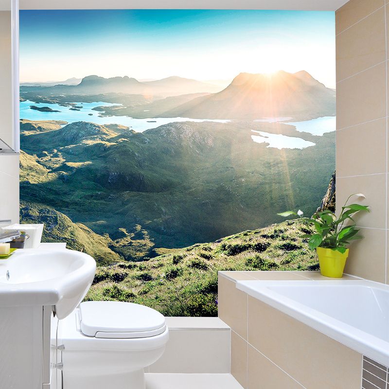 Green Sunshine Scenery Mural Mountain with Puddles Modern Washable Wall Covering
