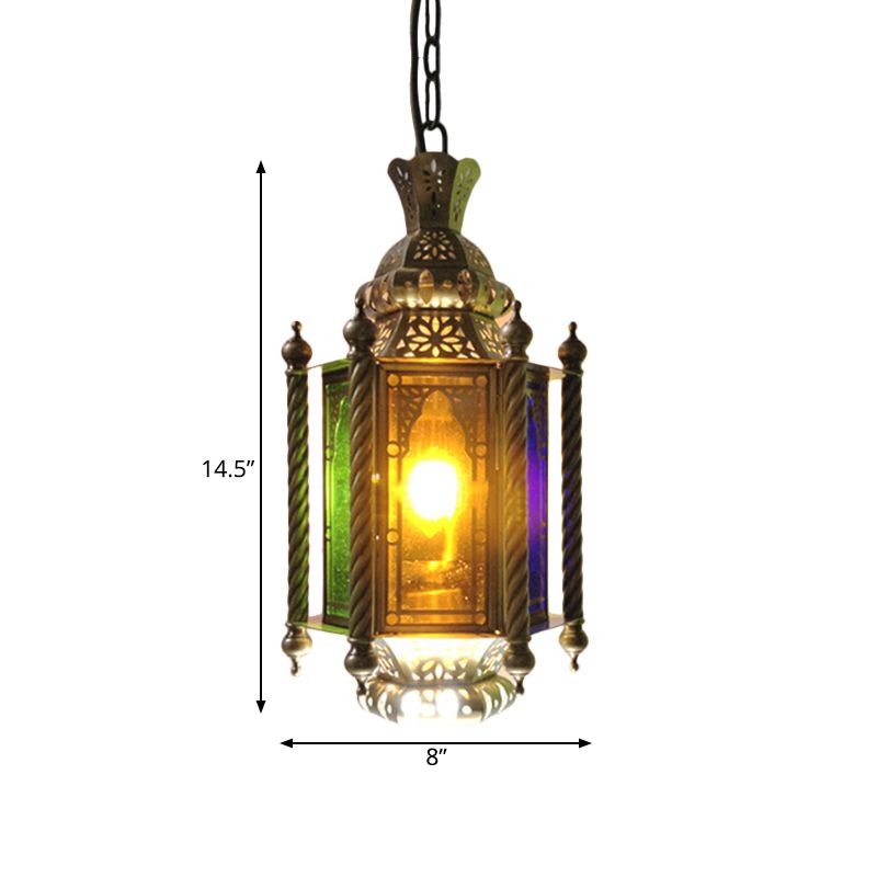 2 Heads Lantern Chandelier Lighting Arab Brass Finish Metallic Hanging Lamp Kit with Multi-Color Glass Shade