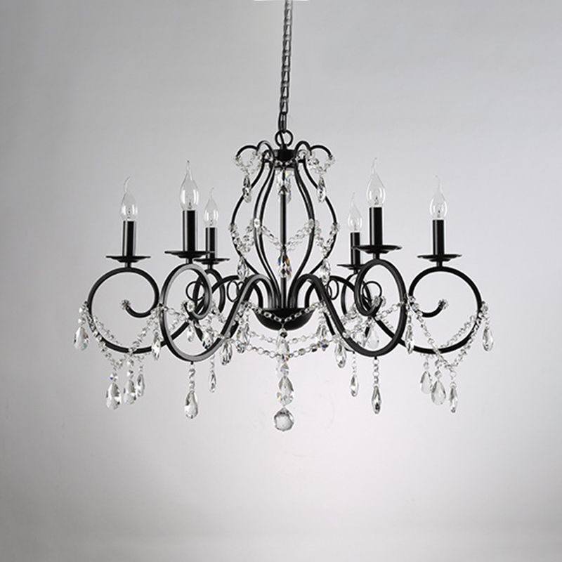 Retro Candlestick Chandelier Iron Hanging Lamp with Crystal for Living Room