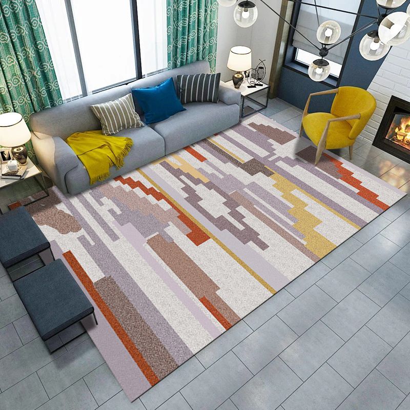 Contemporary Striped Pattern Rug Purple Multicolor Polyester Rug Machine Washable Anti-Slip Area Rug for Bedroom