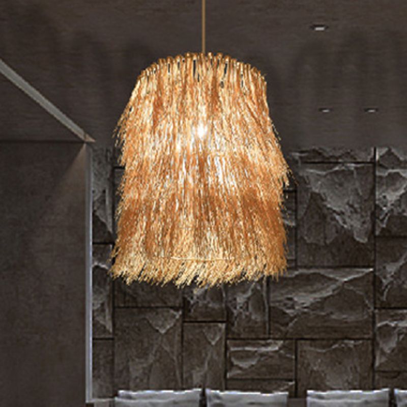 Tassel Pendant Lighting Asian Inspired Rattan 1 Bulb Dining Room Hanging Lamp in Beige