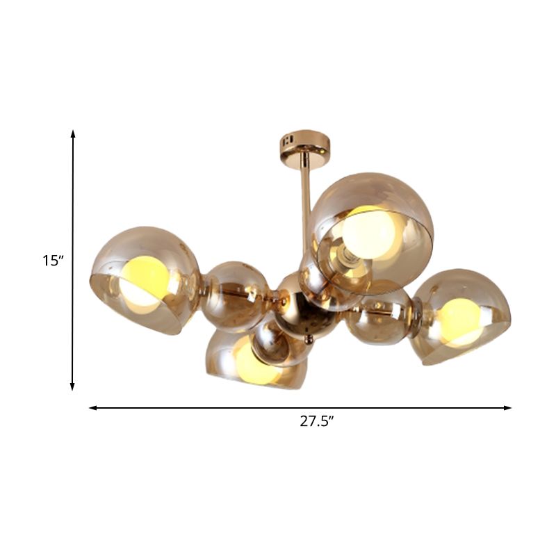 4/6 Lights Bedroom Semi Mount Lighting Brass Ceiling Light Fixture with Bowl Amber Glass Shade