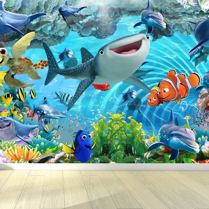 Kids Tropical Undersea Life Mural Decal Blue Moisture Resistant Wall Decor for Nursery