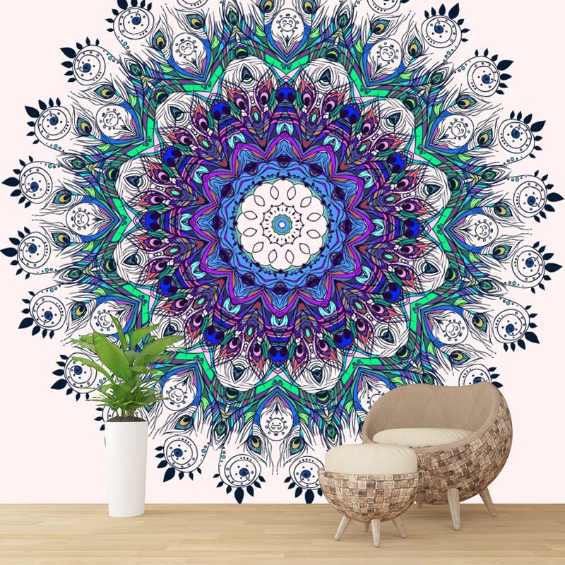 Illustration Peacock Feather Mural Decal for Living Room, Purple-Blue, Custom Size Available
