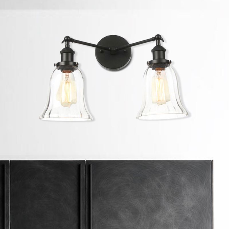 2 Lights Indoor Wall Lighting Industrial Style Black/Chrome/Bronze Sconce with Bell Clear Glass Shade
