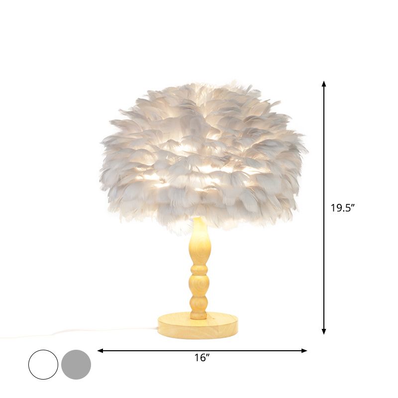 Luce tavolo da balauster in legno semplicità 1 lampadina notturna con tonalità di piuma a cupola in grigio/bianco
