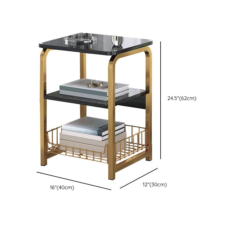 Glam Metal Side Table with Shelves Geometric Stone Top Accent Side Table