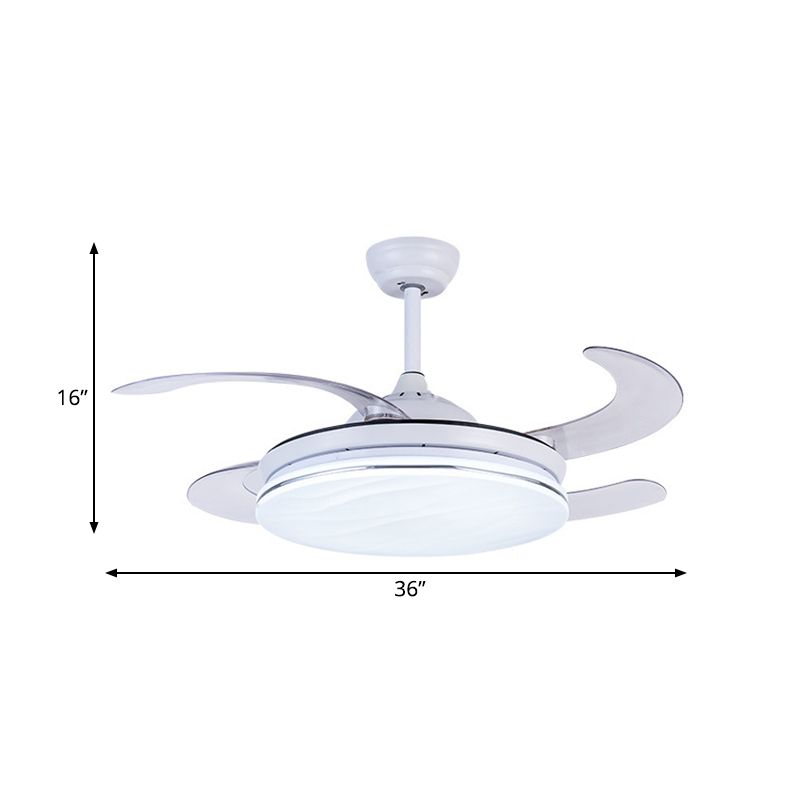 Acryl Witte hanger ventilatorlampring 36 "W LED Minimalistische semi -spoelplafondlamp voor slaapkamer met 4 messen, externe/wandregeling/afstandsbediening en wandregeling