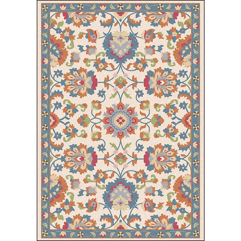 Persian Moroccan Rug in Ivory and Grey Flower Leaf Motif Pattern Rug Polyester Washable Carpet for Home Decoration