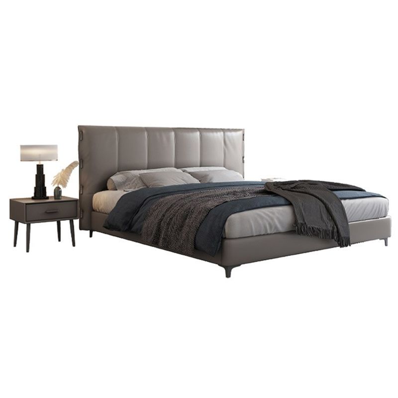 Wooden Modern Grey Bed Frame with Headboard, Genuine Leather Panel Bed
