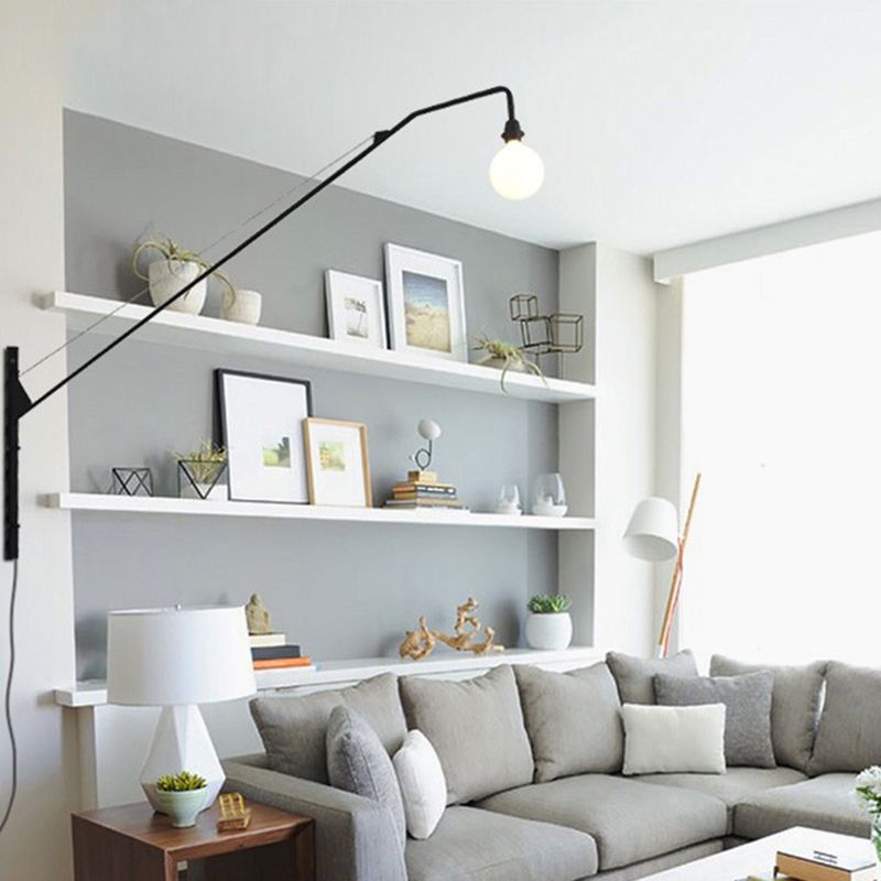 1 Bulb Fishing Rod Wall Lamp Fixture Industrial Black Metal Sconce Light with Open Bulb Design