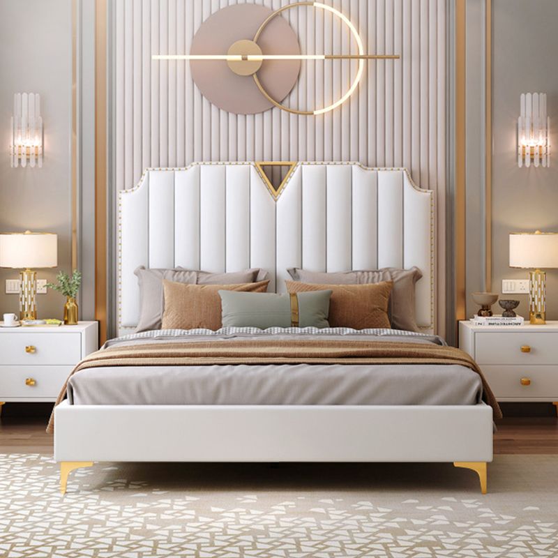 Modern Panel Bed White Faux Leather Standard Bed with Custom Gold Leg