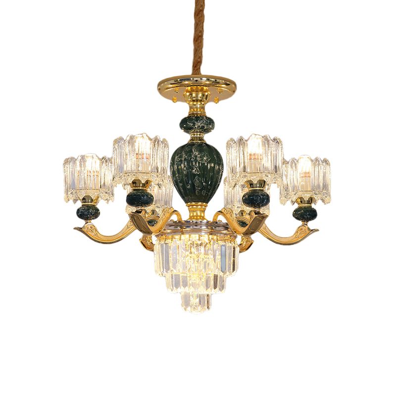 Lampadella tradizionale sospesa da urna 6 lampadina a soffitto in cristallo in rosso/verde con ombra tamburo