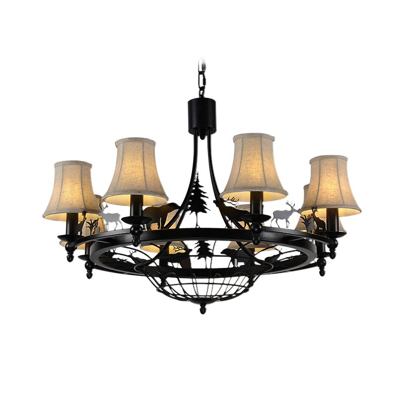 6 Lights Fabric Chandelier Light Fixture Traditional Black Cone Living Room Ceiling Light