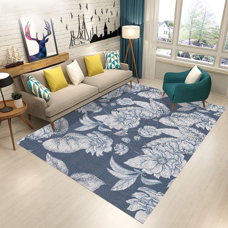 Blue and Brown Bedroom Rug Modern Botanical Flower Leaf Pattern Area Rug Polyester Pet Friendly Carpet