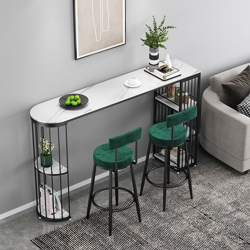 Glam White Stone Indoor Bar Dining Table Iron Double Pedestal Bistro Table with Shelve