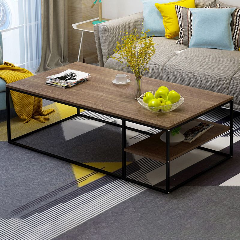 Contemporary Rectangle Wooden Coffee Table with 1 Shelf and Steel Frame Base