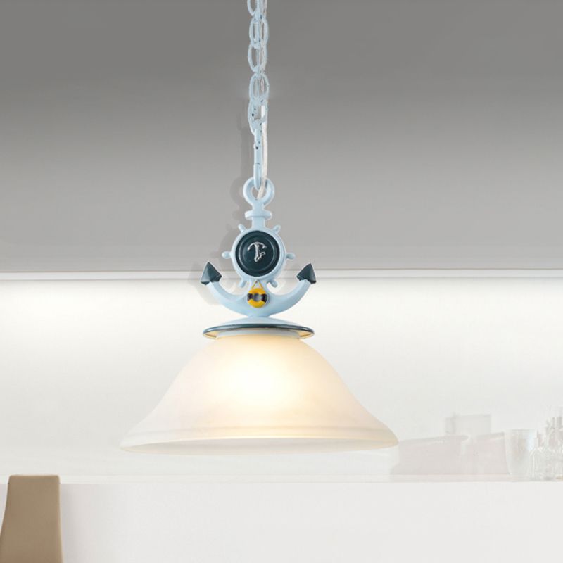 Frosted Glass Bell Hanging Light Kids 1 Light Blue Suspended Lighting Fixture with Anchor Decoration