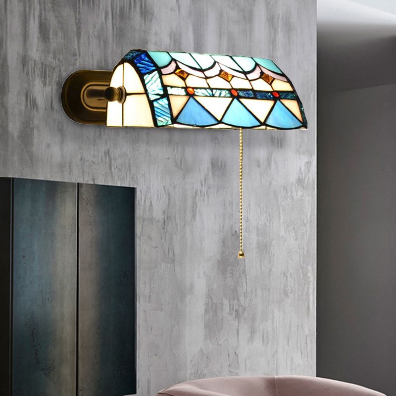 Mediterranean Banker Lamp with Pull Chain Stained Glass 1 Light Wall Sconce in Blue