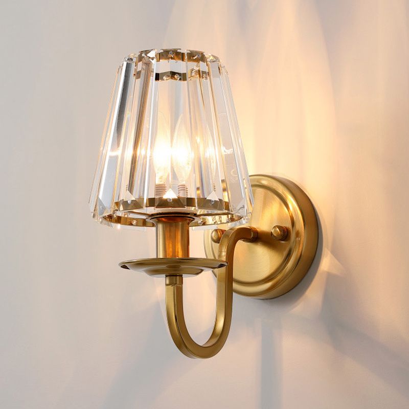 Luz de pared de cono moderna 1 cabezal 1 cabezal apliques de pared de cristal en oro con brazo arqueado