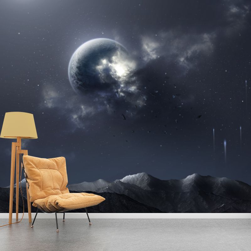Full Size Sci-Fi Mural Blue-Black Night Globe over Bare Mountain Wall Decor, Custom Made